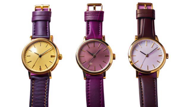 Three watches with purple straps are shown on a transparent background