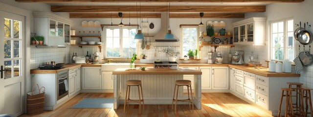 Bright Rustic Kitchen with Natural Light - Exposed Wooden Beams, Warm Atmosphere, and Inviting Design