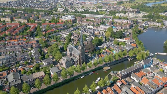 Aerial drone view of the typical dutch town named Weesp in the Netherlands.