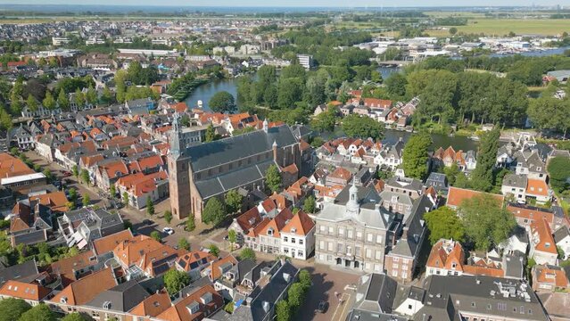 Aerial drone view of the typical dutch town named Weesp in the Netherlands.