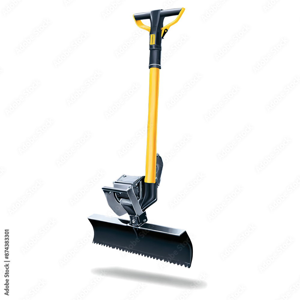 Poster A mechanical contion with a wide flat shovellike attachment on its front..