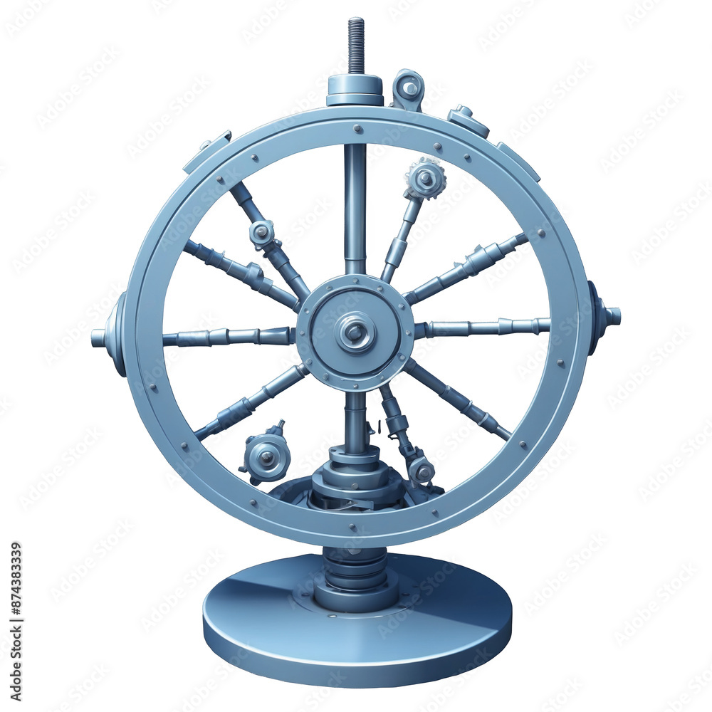 Poster A complex device made up of many components including a heavy metal base a tall stand with multiple arms and a large circular wheel..
