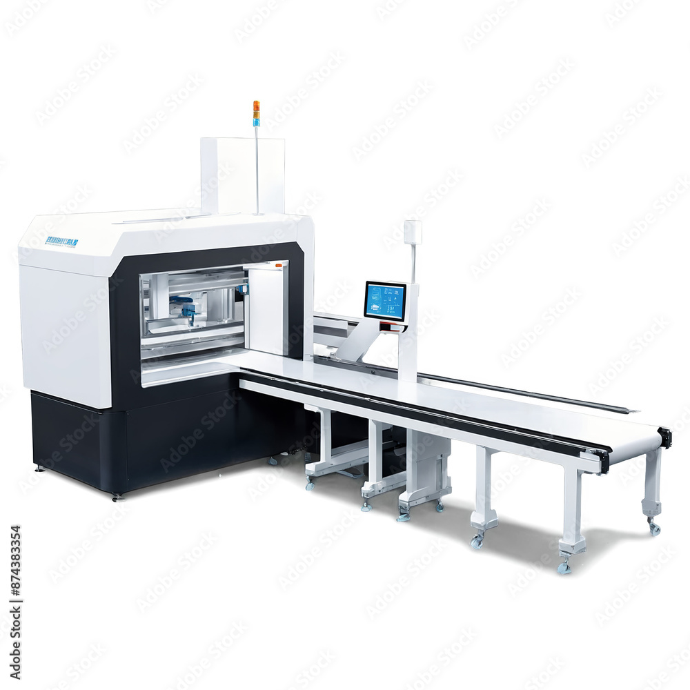 Aufkleber A modern automated packaging machine with a sleek white and silver design. It has a digital screen displaying the current settings and a robotic arm that moves and arranges.