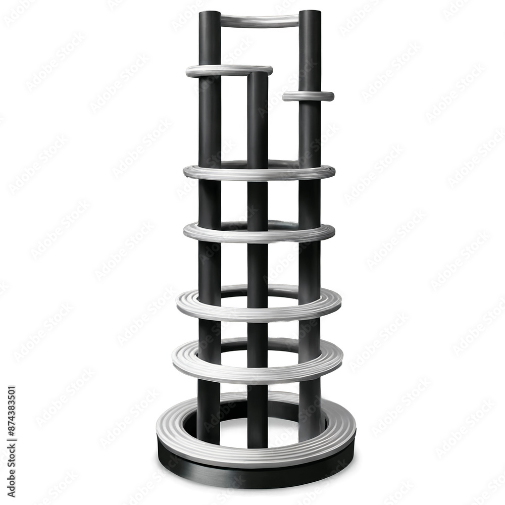 Poster A vertical structure composed of layers of metal rings and pipes standing on a sy base..