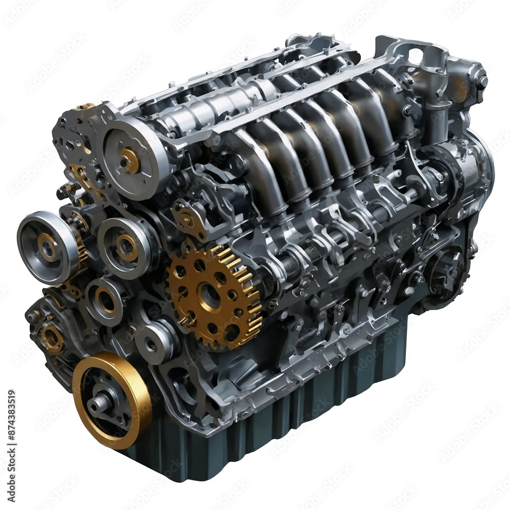Poster A complex engine with a bulky structure composed of various metal components including pistons crankshafts and cylinders creating the force required for movement..