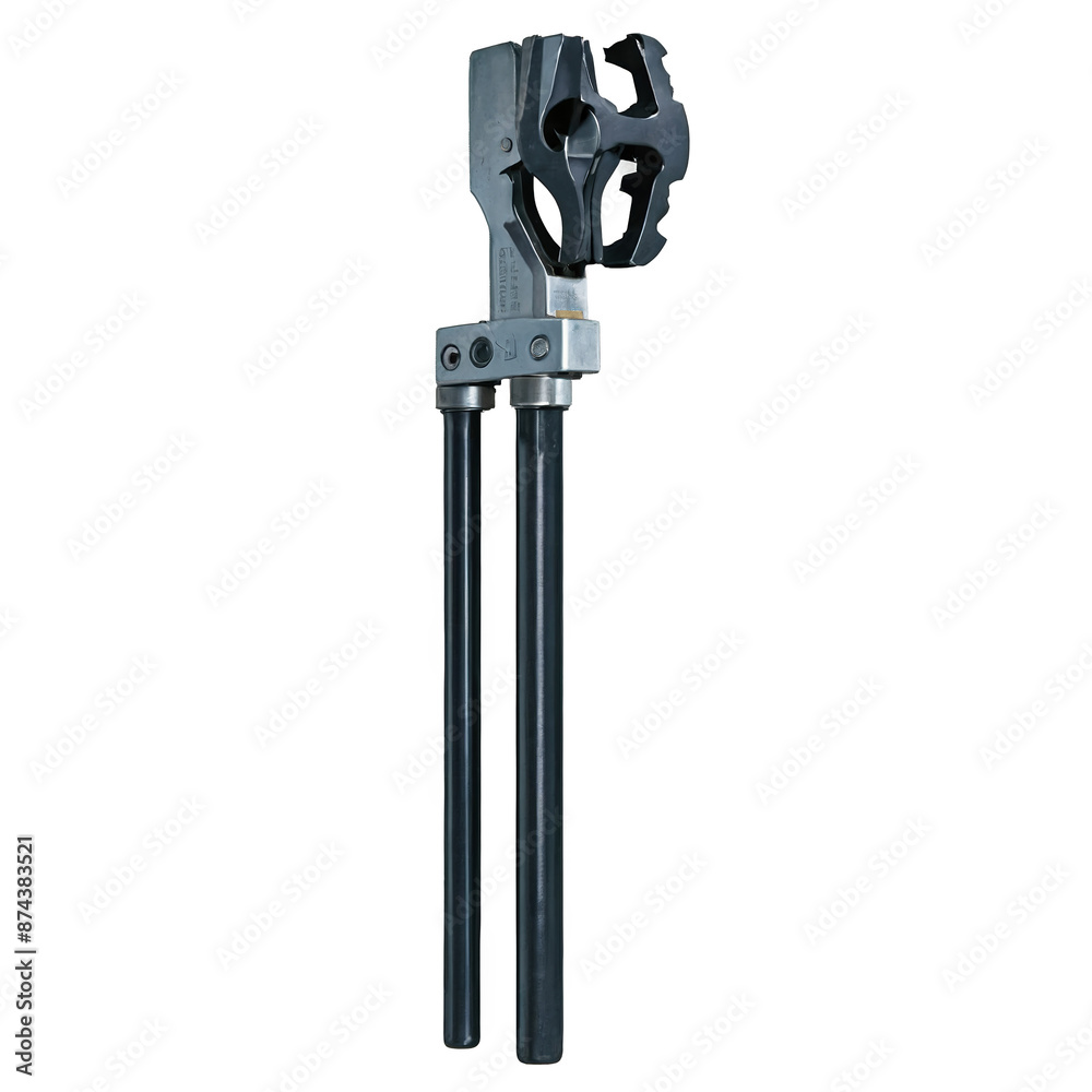 Poster a mechanical tool with a rectangular metal body and two metal prongs sticking out in opposite direct