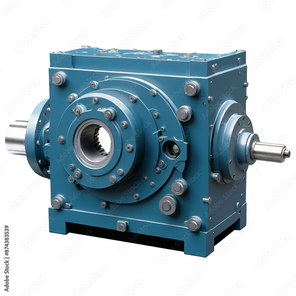 Poster a bulky industrial gearbox made of thick heavyduty metal. it has a square shape and multiple levers 