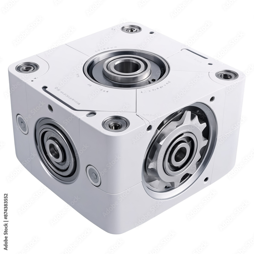 Aufkleber A sleek modern gearbox in shades of white and gray. It resembles a small cube with curved edges and there are various dials and buttons on the top..