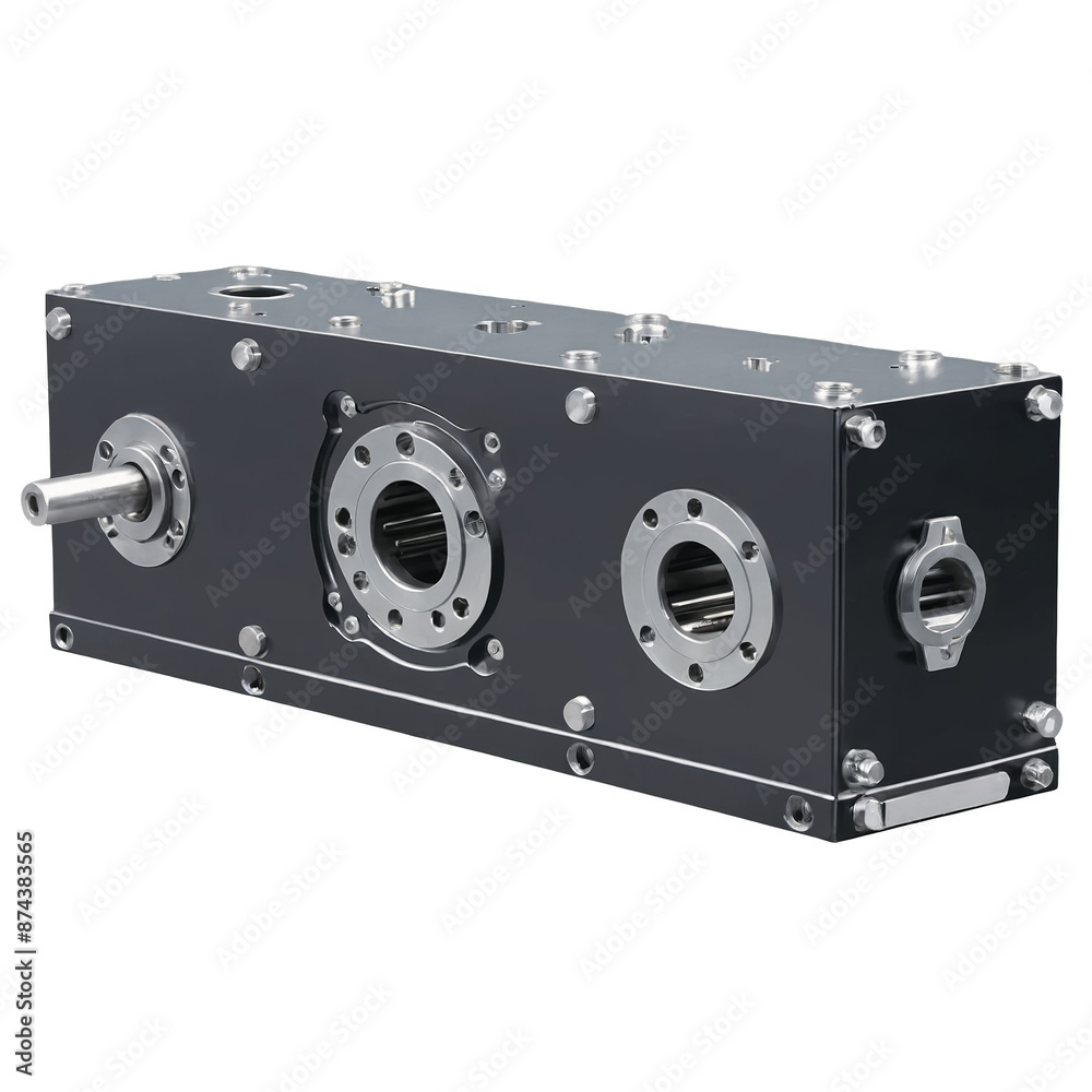 Aufkleber A black rectangular gearbox with a smooth polished surface. The corners are sharp and there are rows of screws lining the sides..