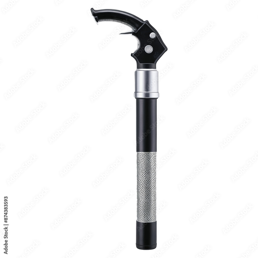 Poster a black and silver mechanical tool shaped like a tube with a handle. the handle is curved and has a 