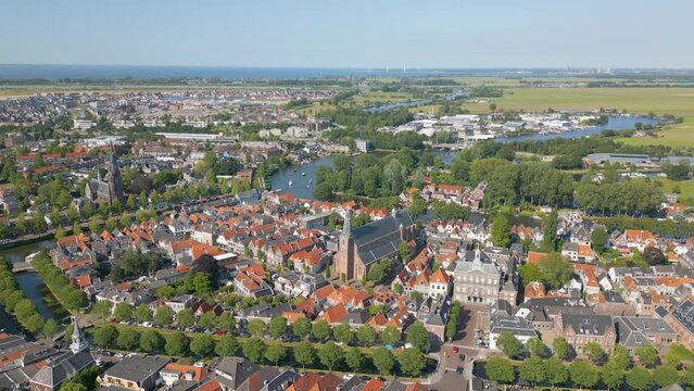 Aerial drone view of the typical dutch town named Weesp in the Netherlands.