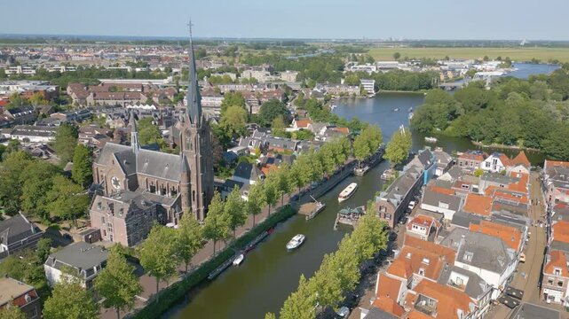 Aerial drone view of the typical dutch town named Weesp in the Netherlands.