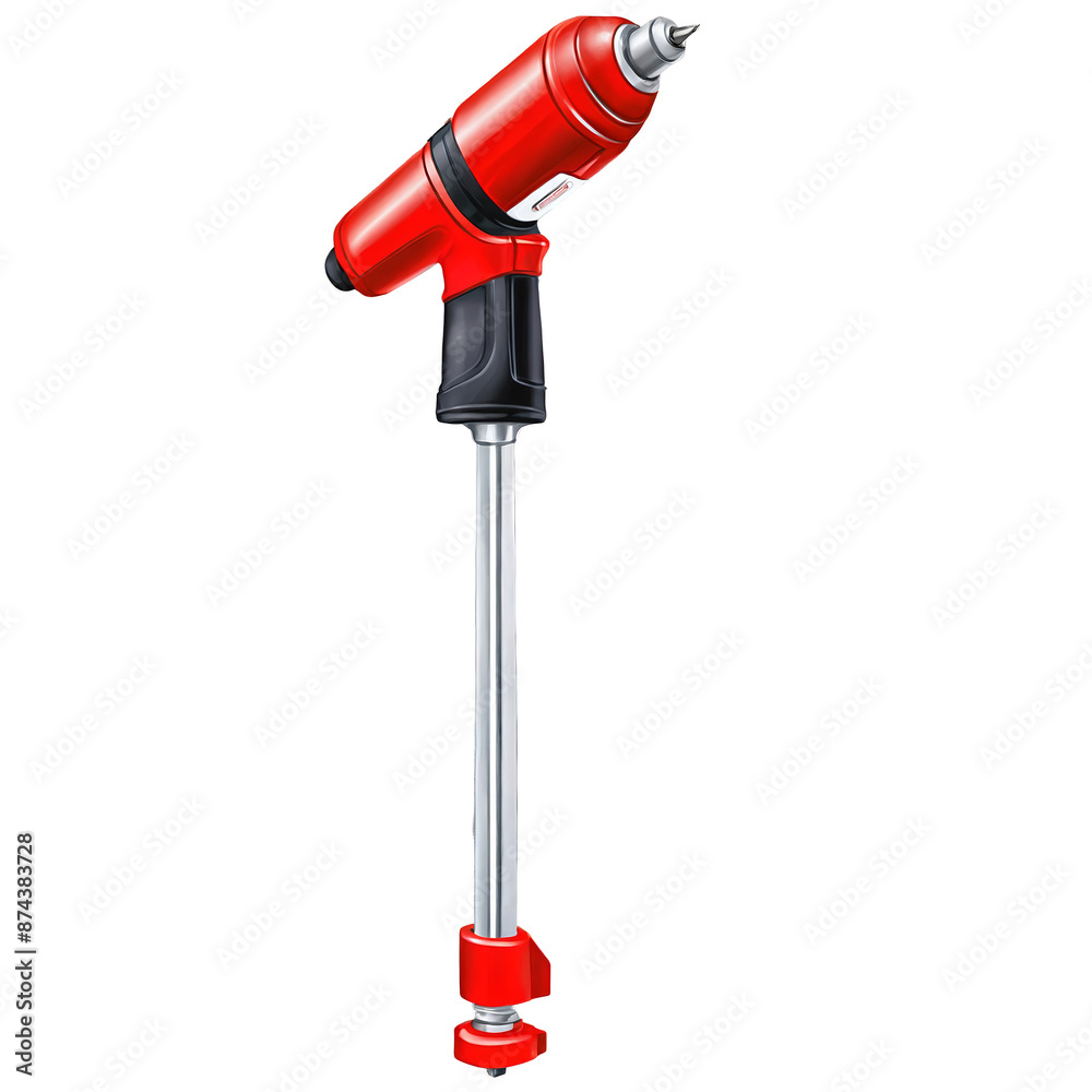 Aufkleber An oldfashioned manual drill featuring a long silver body with a round head and a red handle for gripping. It has a sharp metal drill bit at the tip and a rotating handle for.