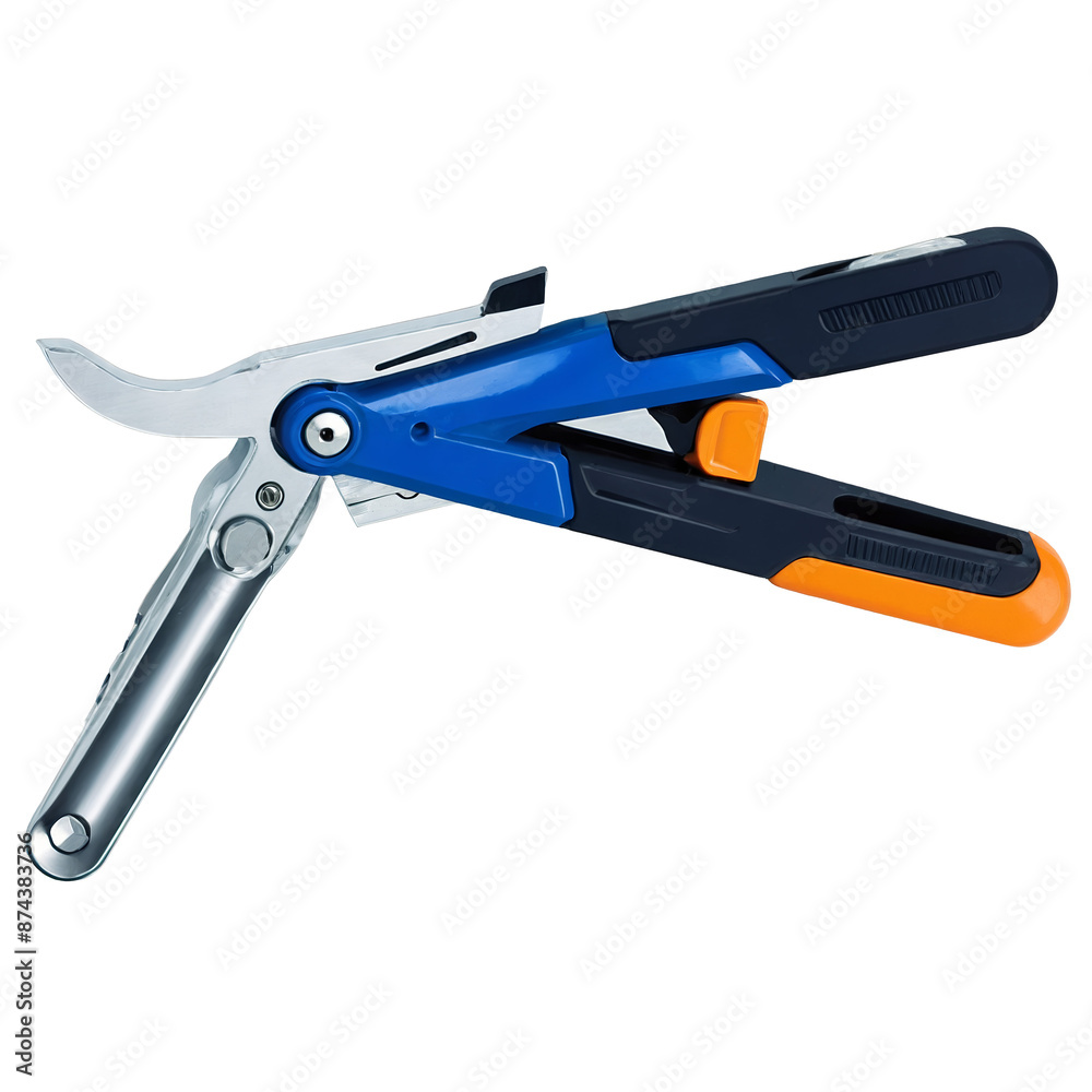 Poster A handheld mechanical object with a handle that allows for easy grasping and a compact rectangular head containing a gear wheel. The head can be adjusted to rotate in either.