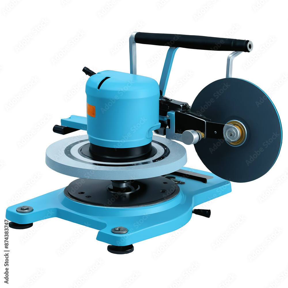 Poster A compact machine with a rotating circular disc and adjustable handle commonly used for sanding or polishing..