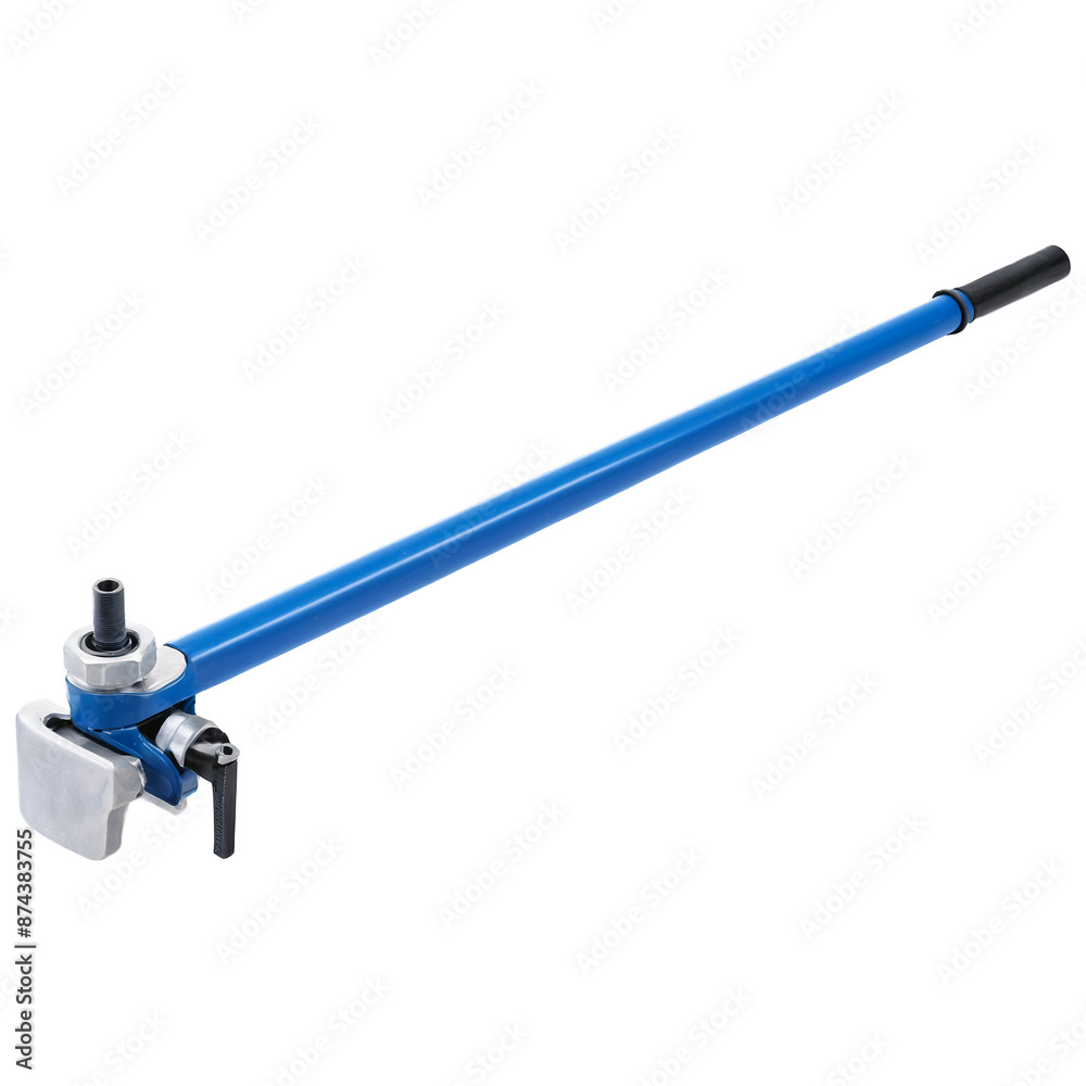 Aufkleber A durable pipe fitting tool with a long curved handle and a single adjustable jaw commonly used in home repairs or automotive work..