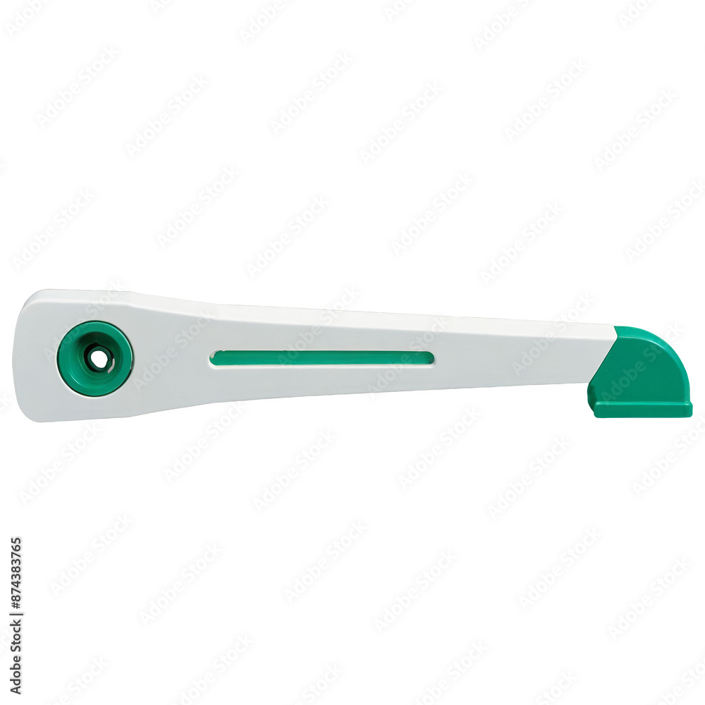 Poster An elongated device made of durable materials featuring a round opening at one end and a lever handle at the other. The handle is used to twist and tighten the ting blade around a.