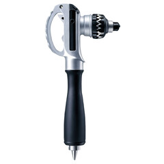 A basic hand drill made of sy materials including a metal shaft a plastic gear mechanism and a wooden handle. It has a classic silver and black color scheme and a curved shape for.