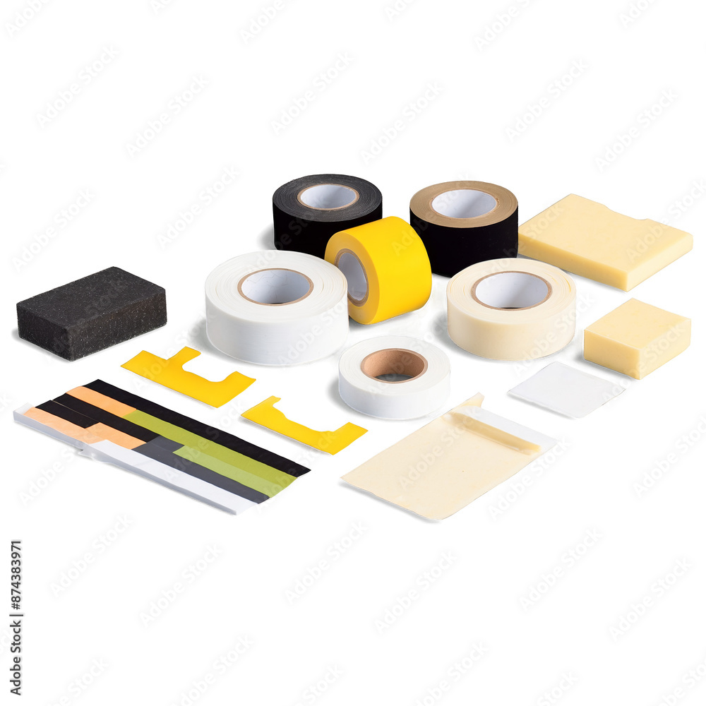 Poster A collection of different types of fastening materials such as doublesided tape velcro strips and stickybacked foam organized neatly in a plastic container..