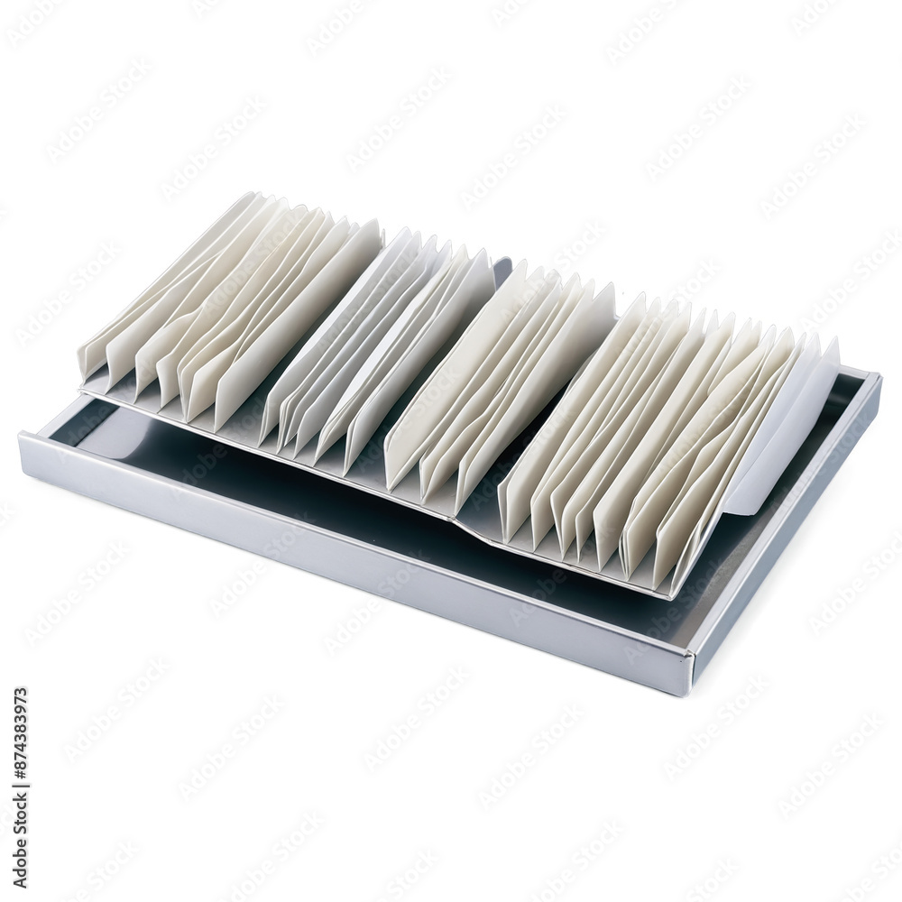 Poster A of sticky adhesive strips in various widths and lengths folded into a compact accordion shape and sitting on a silver tray..