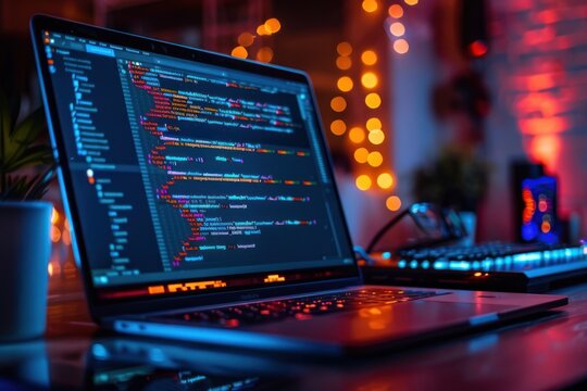 A laptop with code displayed on the screen sits on a table in a dimly lit room with colorful string lights in the background