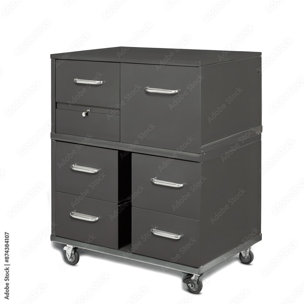 Aufkleber A rectangular storage unit made of sy materials with round metallic handles on each drawer..