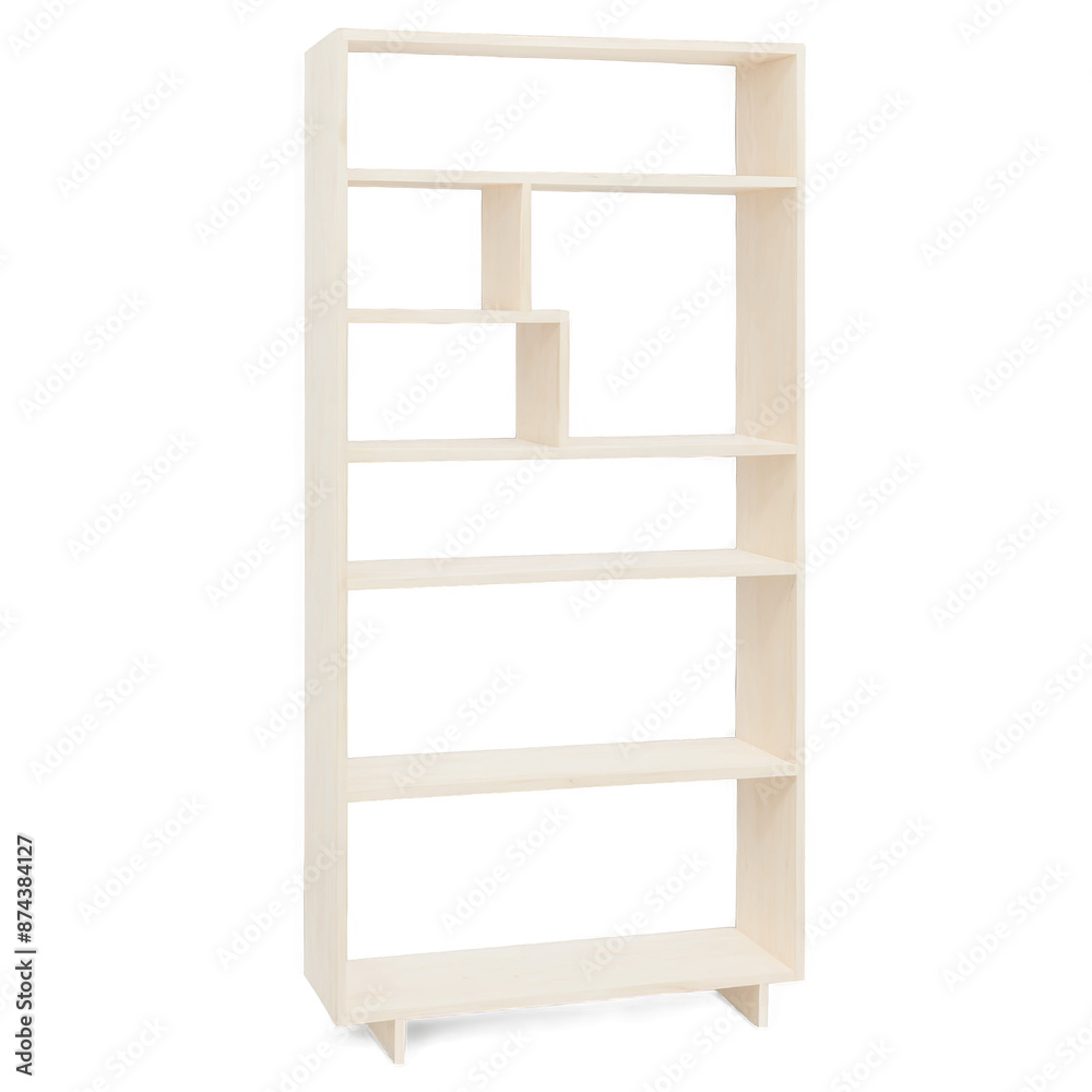 Poster A minimalist and contemporary shelving unit constructed from sy wood and finished with a light neutral color. It has several open shelves creating a visually appealing display for.