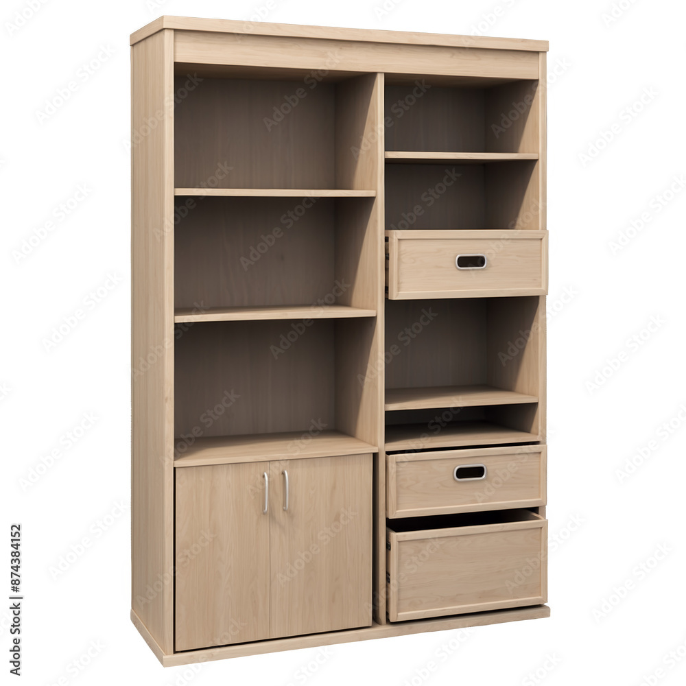 Poster A wooden shelving unit with adjustable shelves and a sliding drawer for keeping pantry items neatly organized..