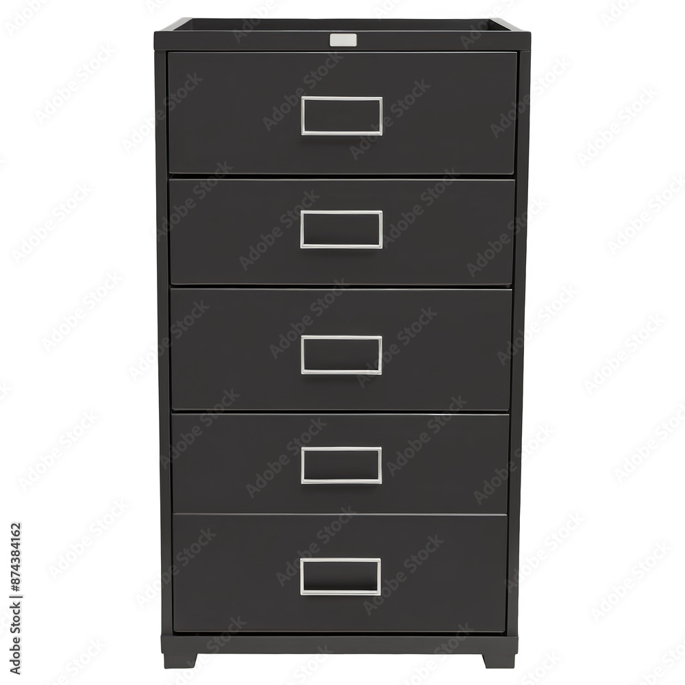 Poster An office furniture piece with a smooth matte black finish and a label holder on the front of each drawer..