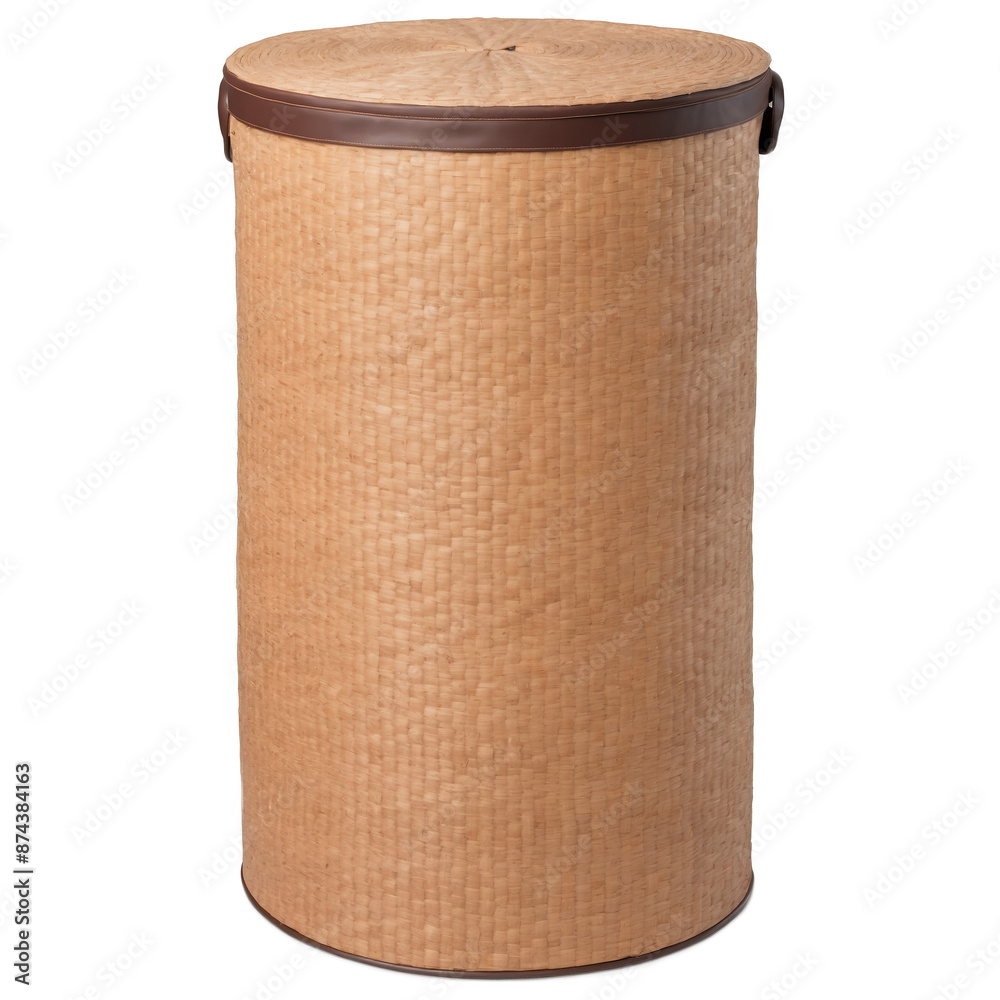 Poster a tall cylindrical laundry hamper made of woven straw. it has a removable lid and a light brown colo