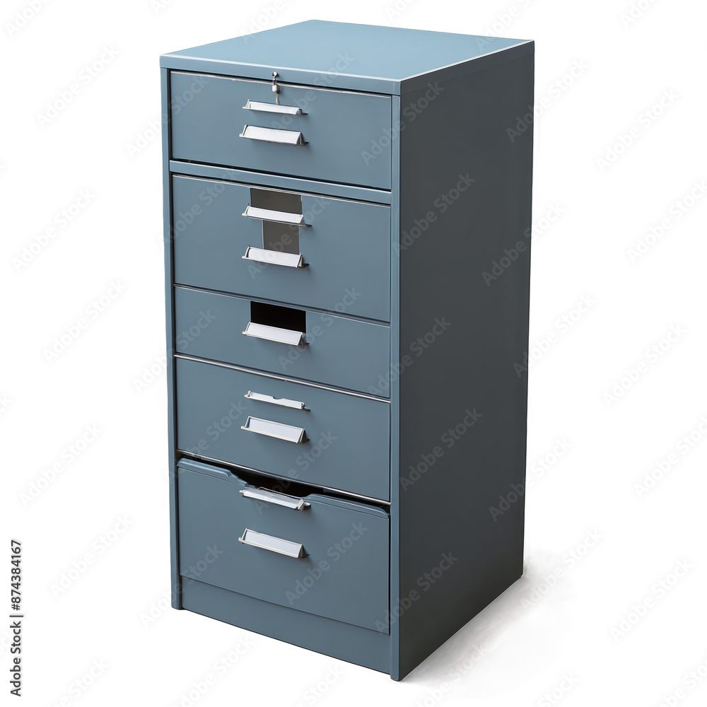 Poster A fixture with multiple vertical drawers usually used in workplaces for filing and storing papers..