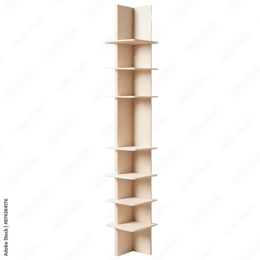 Poster A combination of form and function this piece is a perfect addition to any room. It has a slim vertical design with five shelves each one made of a lightcolored wood. The shelves.