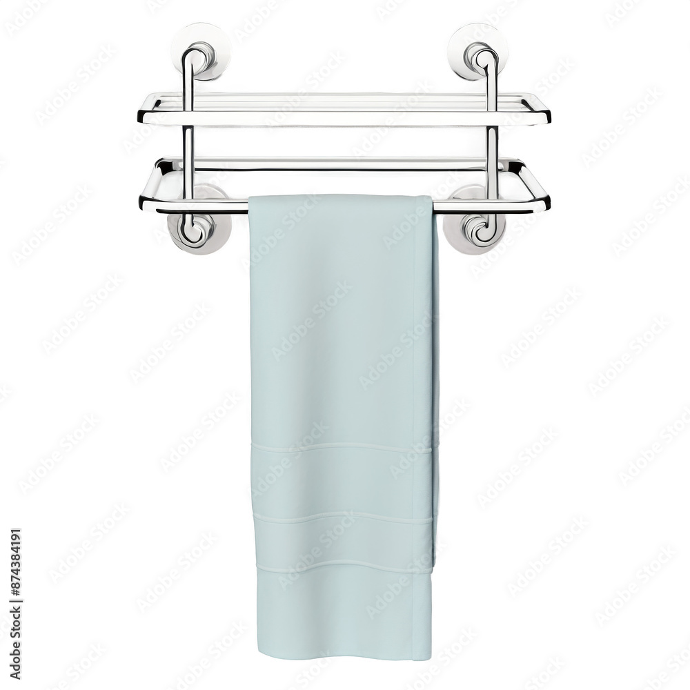 Poster A sy structure made of metal designed to hold and organize towels in a bathroom..