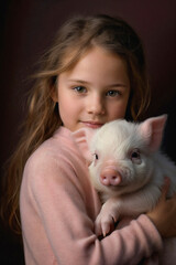 Obraz premium Portrait of a Young Girl Holding a Miniature Pig. Generative AI