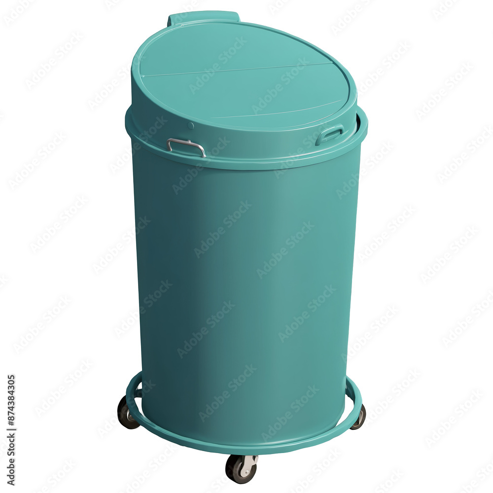 Aufkleber A large metal container with a domed lid and two side handles for easy transport. The bin has a rustresistant coating and a sy base..