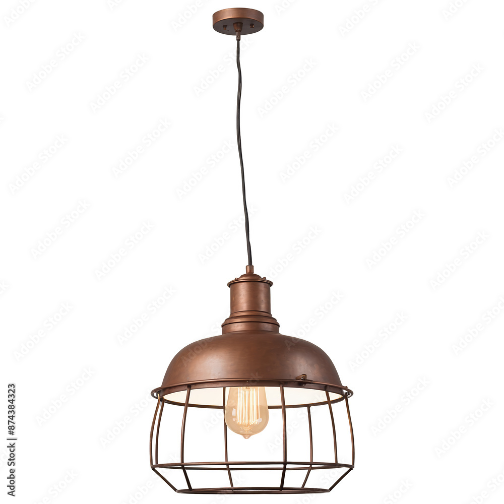 Poster an industrialstyle pendant light made of bronzecolored metal with a distressed rusted finish and exp