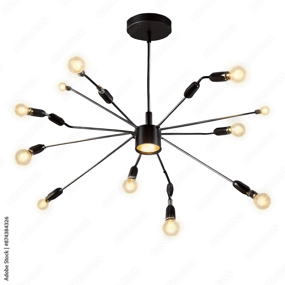 Poster A decorative light source suspended from the ceiling featuring a circular base with several arms extending upwards and adorned with shiny accents..