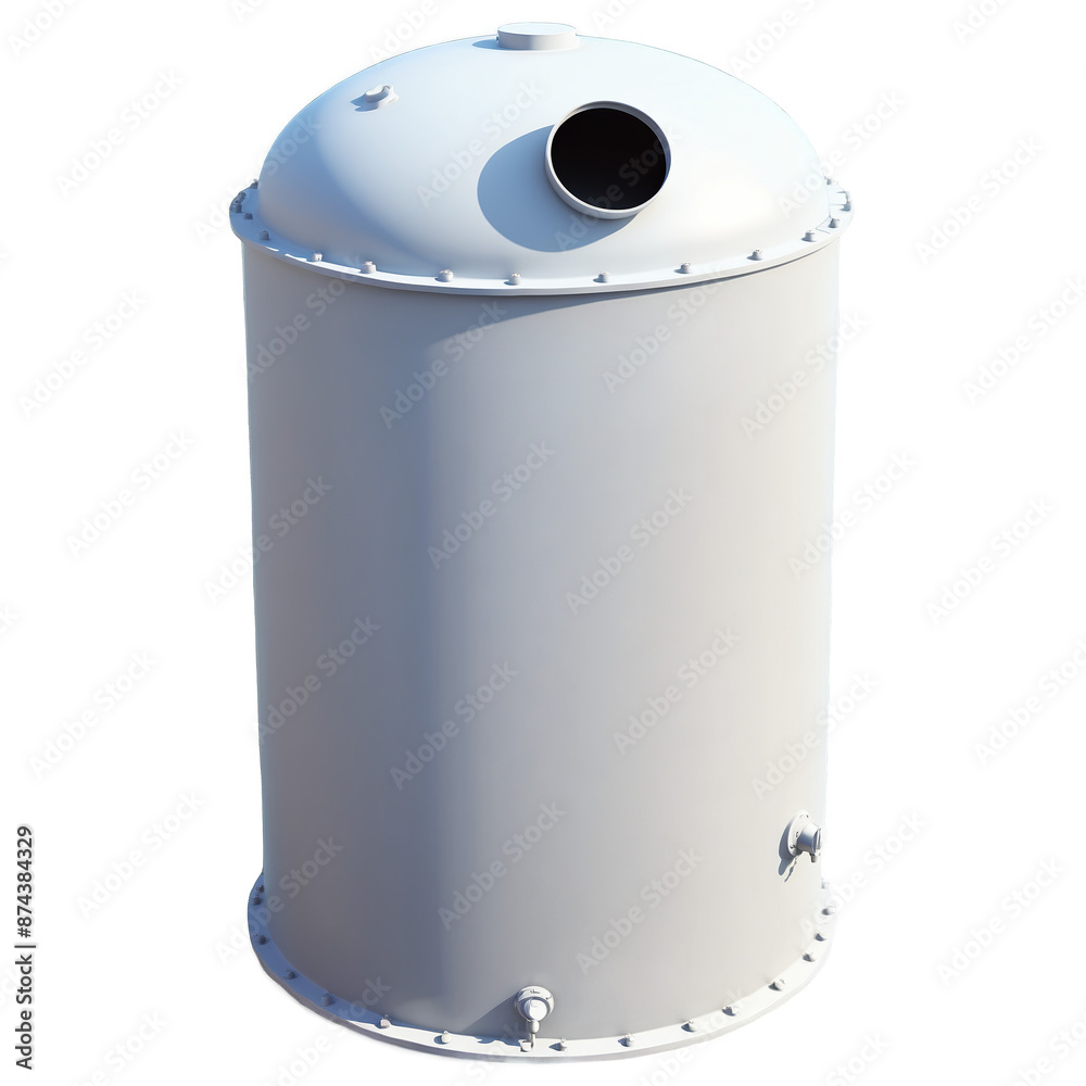 Poster A round rain storage tank with a screen on top to filter out debris..
