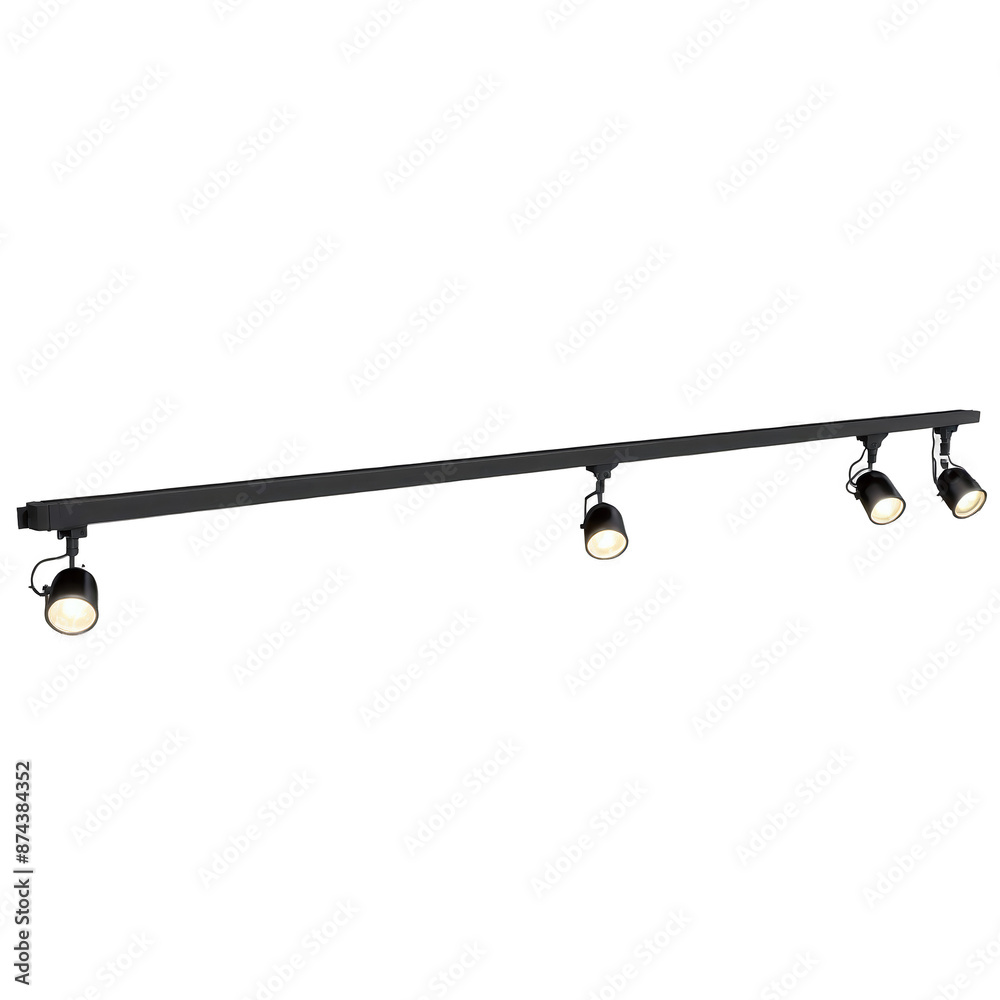 Poster A line of small spotlights attached to a long narrow metallic base used for overhead lighting..