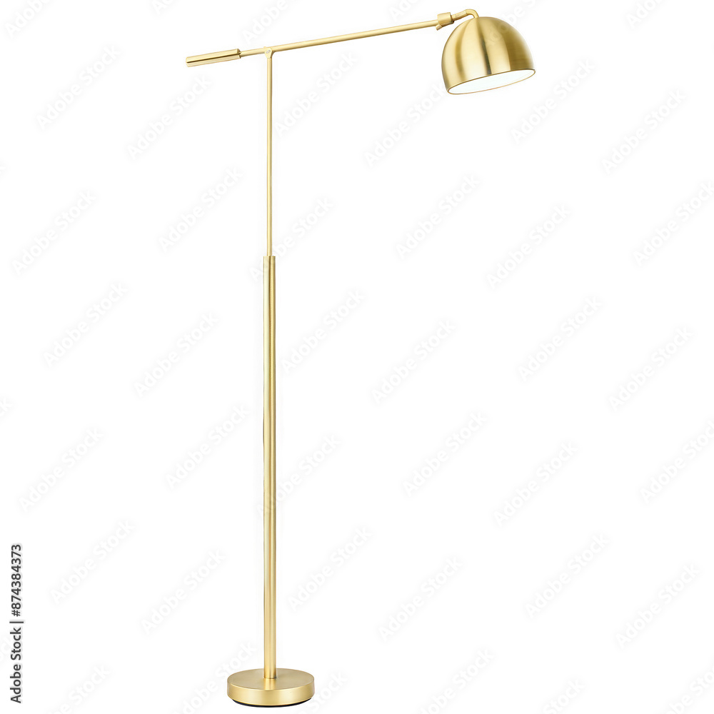 Poster A functional floor lamp with a brushed gold finish and an adjustable arm perfect for task lighting..