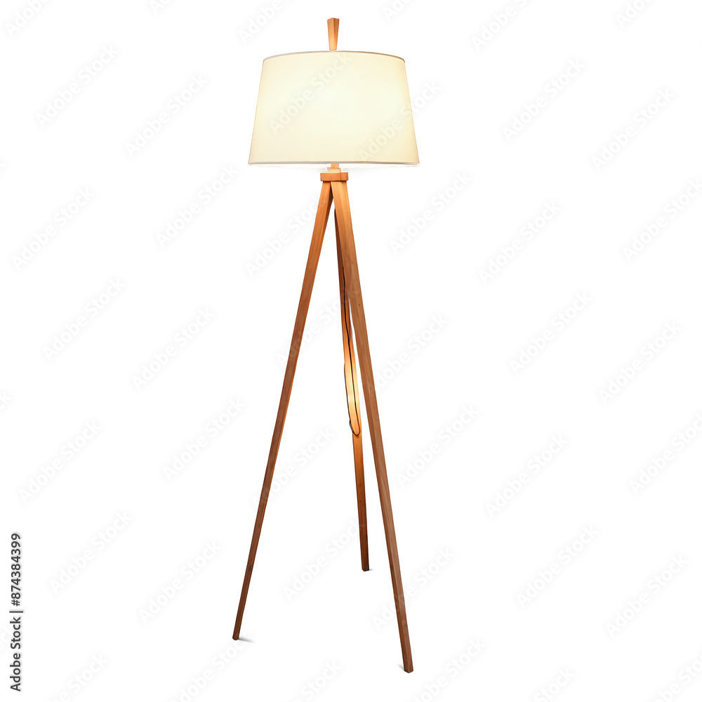 Poster An elegant floor lamp featuring a wooden tripod base and a tall tapered fabric shade..