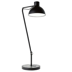 A sy desk lamp featuring a thin metal frame and a circular light head..