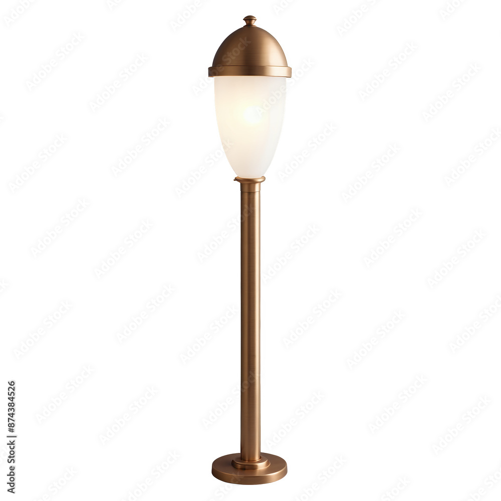 Poster A subtle and elegant pathway light featuring a thin curved bronze base and a frosted glass globe on top. The light gently casts a soft warm glow..