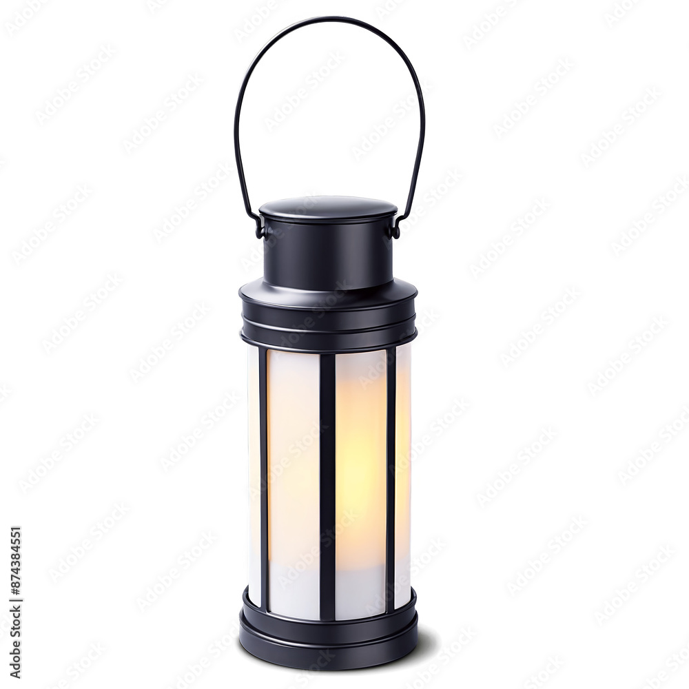 Poster a cylindrical metal lantern with a glass panel and handle emitting a soft glow..