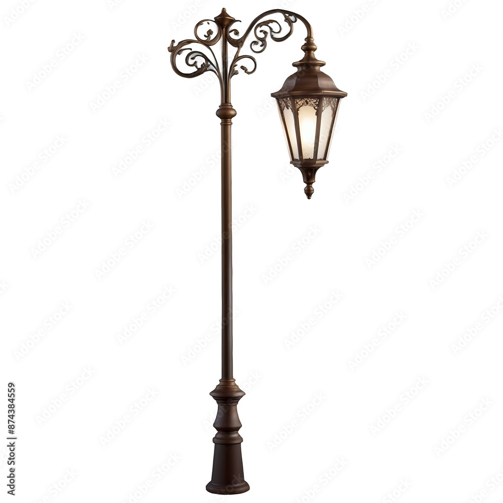 Poster An elegant garden light with a bronze finish resembling a miniature street lamp. The intricately designed pole features swirling patterns and a pointed top with a small hook. A.