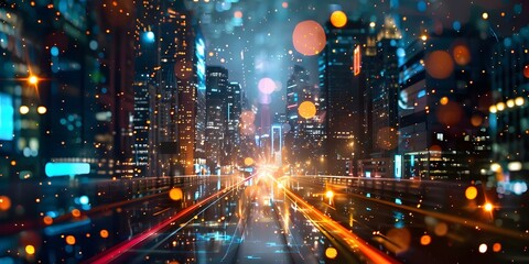 Obraz premium Nighttime cityscape illuminated by futuristic lights and digital effects. Concept Futuristic Cityscape, Digital Lighting, Night Photography, Urban Landscape, Technological Display