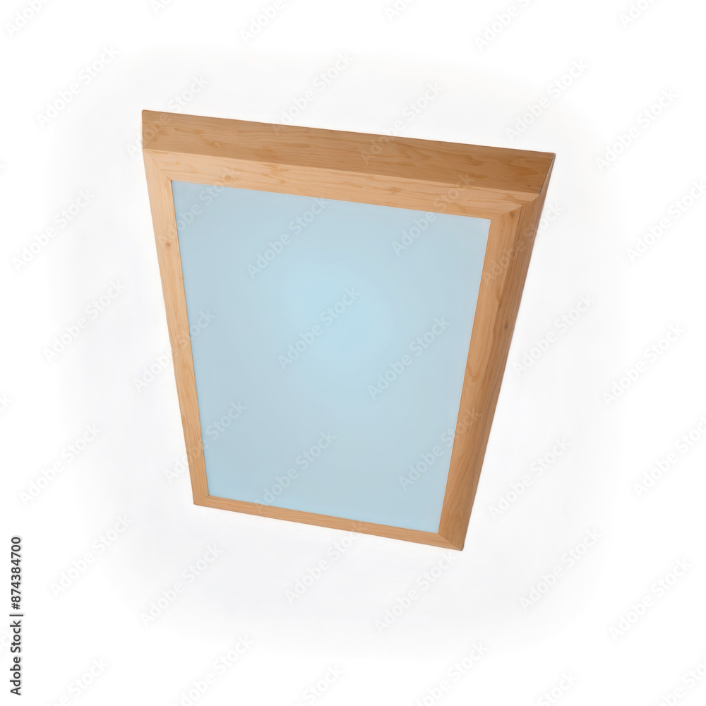 Poster A rectangular ceiling light with a wooden frame and frosted glass panels giving off a warm and inviting ambiance..