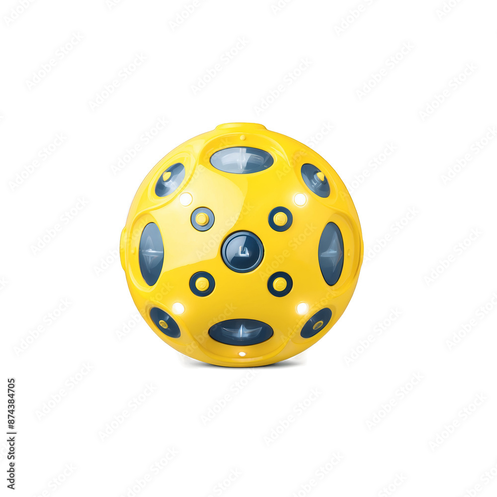 Poster A lightweight compact device with a shiny yellow exterior and a geometric design. It has a flat circular base and a raised button on top with a pattern of flashing lights along the.