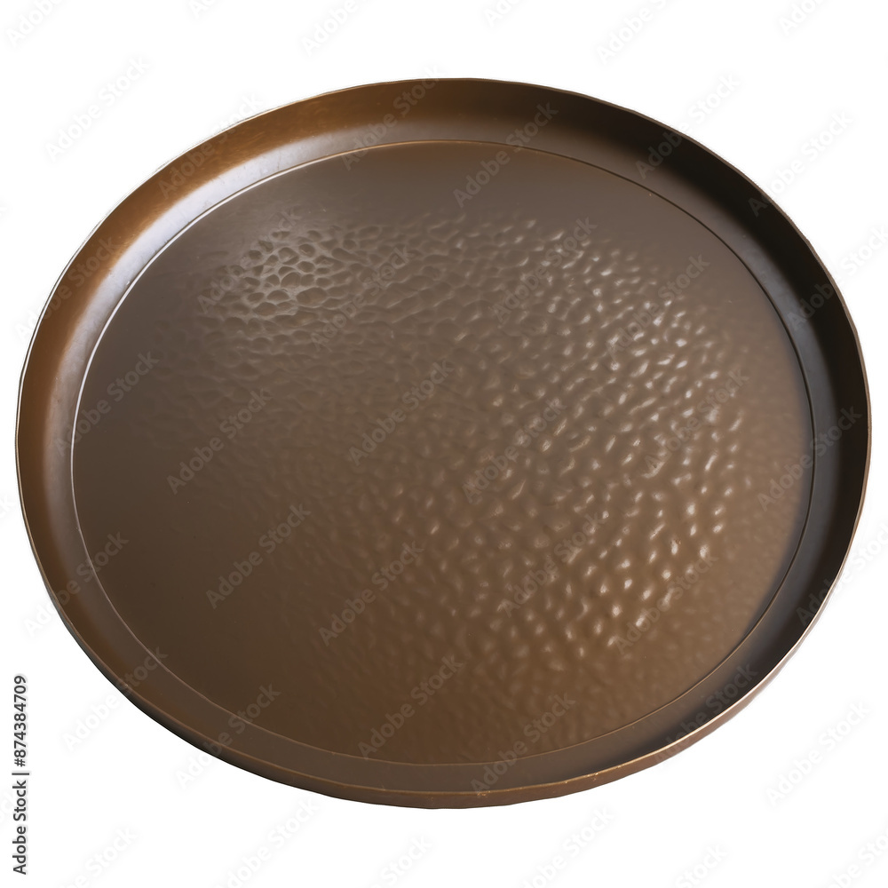 Poster This decorative item is a bronzecolored metal tray with a hammered texture and raised edges. It is approximately 15 inches in diameter and has a shiny reflective surface..
