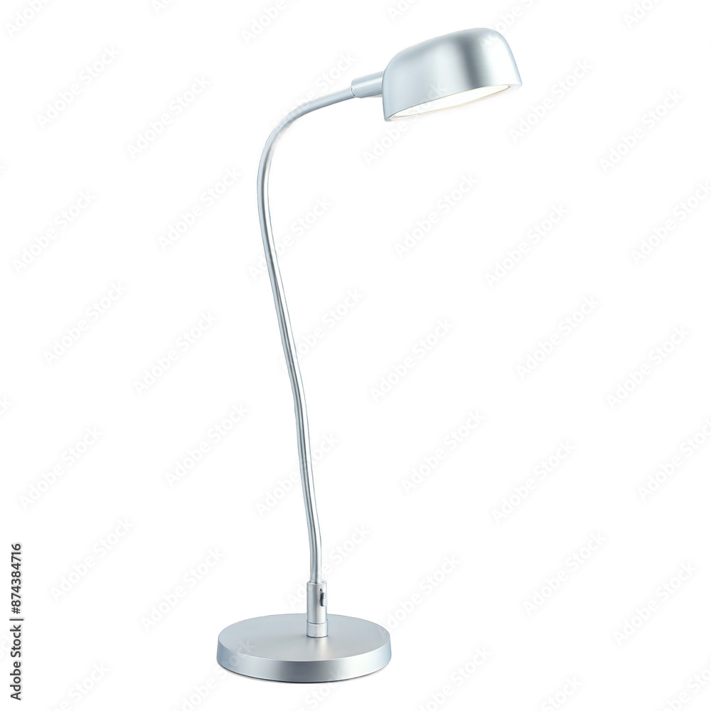 Poster A compact squareshaped lamp with a curved cylindrical arm that extends from one corner. The lamp is made of brushed metal and has a matte finish. It is designed to provide targeted.